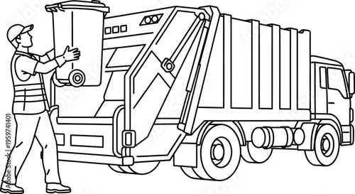 Man in safety gear operating a large garbage truck