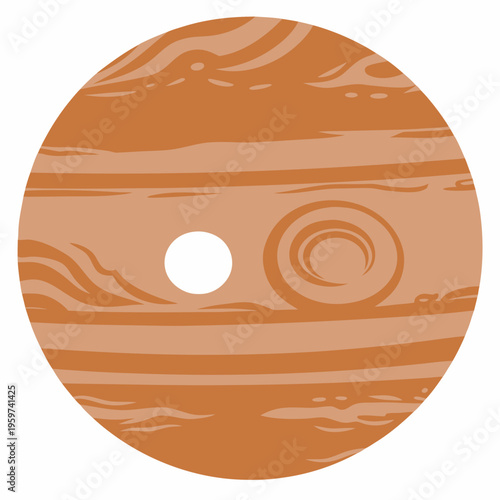 Stylized depiction of jupiter with its great red spot and moons