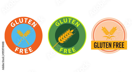 Gluten-free certification labels and symbols for food products indicating the absence of gluten