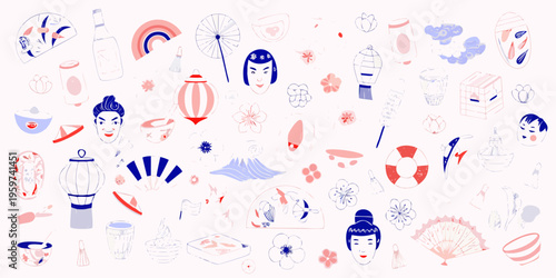 A collection of japanese themed illustrations in blue and pink hues