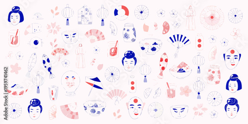 A collection of traditional japanese elements in a blue and pink palette