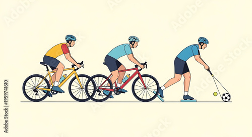 A vector graphic illustration of three athletes engaging in different sports activities, cycling and hockey, in a flat and minimal design style.