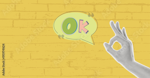 OK hand gesture with speech bubble on yellow brick wall background, positive feedback concept. Halftone vector collage in pop art style.