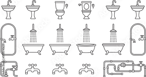 Bathroom fixtures icons set with sinks toilets showers bathtubs and faucets, plumbing equipment collection, hand drawn outline vector illustration
