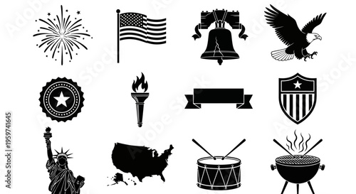 Versatile collection of patriotic American symbols and elements, ideal for celebrating national holidays, historical events, and expressing USA pride in diverse designs