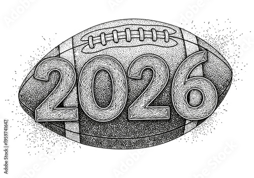 Black and white illustration of a football with the year 2026 on it