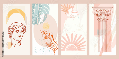 Aesthetic collage featuring classical elements botanical motifs and abstract shapes