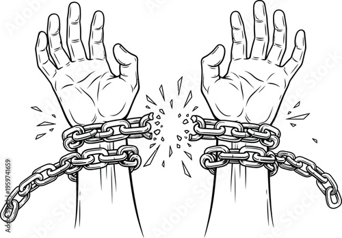 Hands breaking free from heavy metal chains in a powerful motion