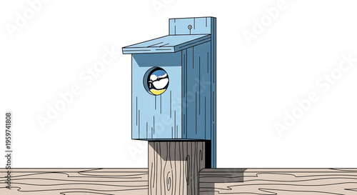A blue birdhouse with a bird peeking out, mounted on a wooden post in a minimalist vector illustration