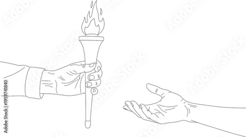 Person passing torch to another person in a symbolic gesture