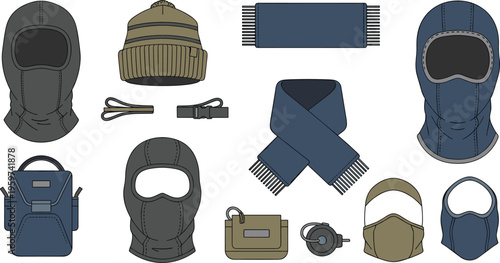 Tactical winter gear collection flat vector illustration cold weather equipment set with masks hats scarf backpack goggles and survival accessories