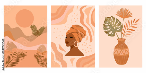 Abstract botanical illustrations with a woman s profile in earthy tones