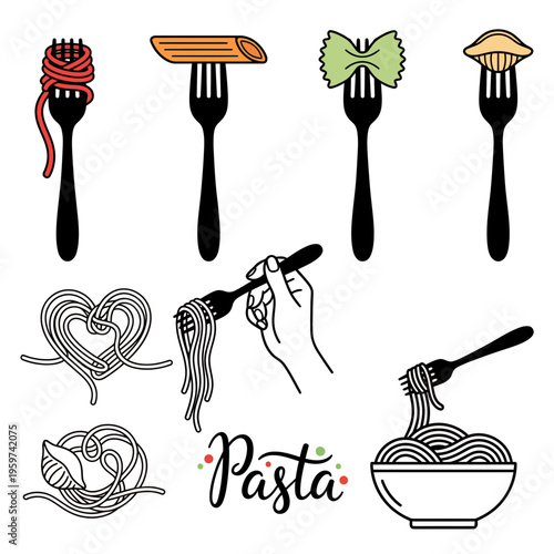Collection of various pasta types including spaghetti penne and farfalle on forks with hand illustration and bowl, concept for restaurant menu design, italian cuisine promotion and culinary branding