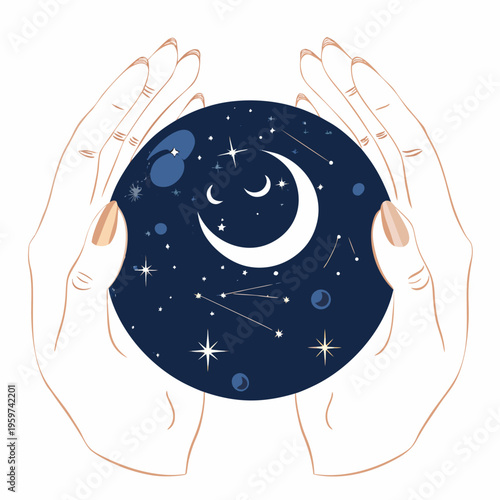 Hands cradling a crystal ball displaying a nighttime celestial scene