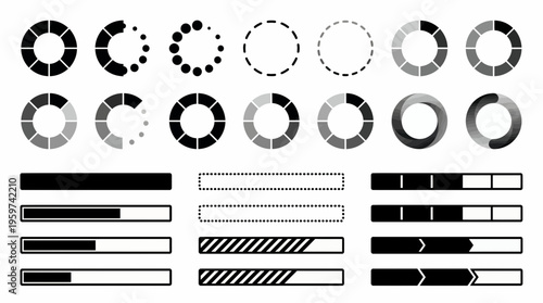 Collection of black and white loading bars and circular progress indicator icons on white background, concept for user interface design, website development and mobile application software