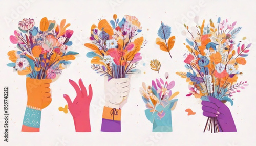 Colorful hands with flowers.