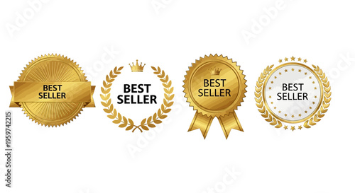 Collection of Four Golden Badges Celebrating Top Performance and Excellence