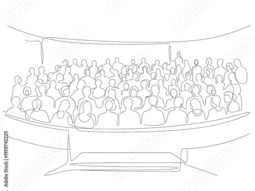 Minimalist single line drawing of corporate directors and office workers sitting in seminar auditorium, concept for conference presentation, corporate identity and professional training