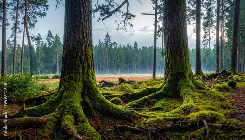 Ancient tree roots covered in vibrant green moss in a serene forest landscape.