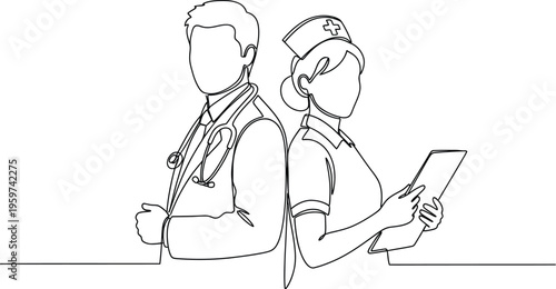 Doctor and nurse standing back to back in medical uniforms and gear