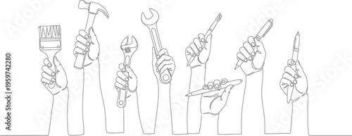 Hands holding various tools for different jobs and tasks precisely