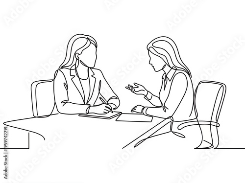 Continuous line drawing of female human resources manager interviewing job applicant at desk, concept for career recruitment, professional consultation and business meeting