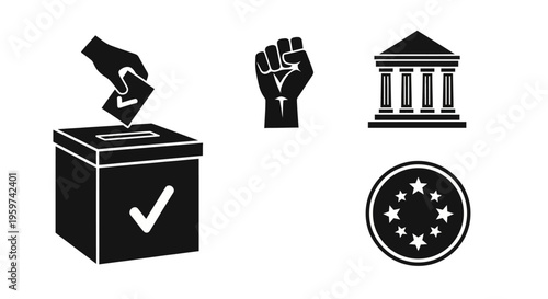 Collection of icons representing voting, activism, government, and the European Union