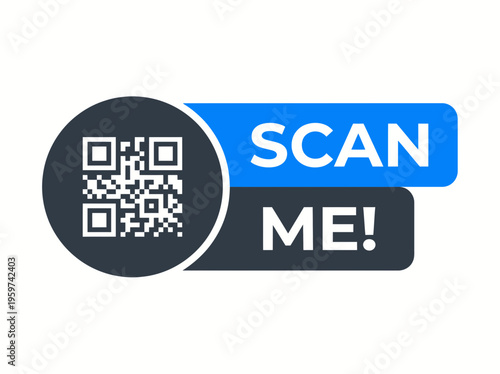 QR code icon with scan me text on blue and dark grey banner isolated on white background, concept for digital marketing, mobile payment and contact information access