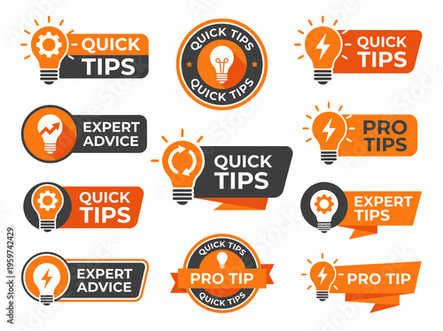 Collection of modern orange and black badges with lightbulb icons for quick tips and expert advice on white background, concept for tutorial marketing, educational blogging and creative content