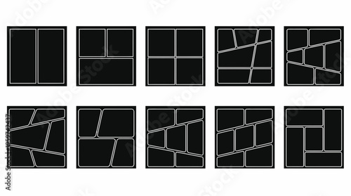 Set of minimalist black photo collage grid layouts with geometric frames on white background, concept for social media marketing, digital portfolio and professional photography presentation