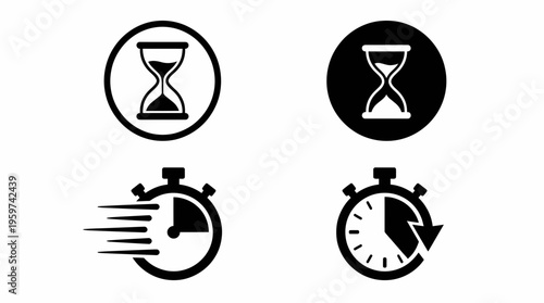 Flat black and white minimalist timer and sand hourglass icon set isolated on white background, concept for business time management, project deadline and work efficiency tracking