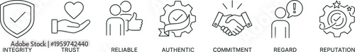 Business values line icons set integrity trust reliable authentic commitment regard reputation outline vector symbols corporate ethics concepts