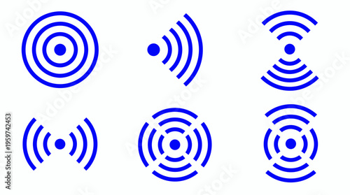 Collection of blue signal wave and radio frequency transmission icons isolated on white background, concept for wireless network, digital communication and radar technology system