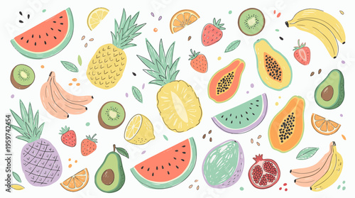 hand drawn colorful tropical fruit set with watermelon pineapple papaya banana and avocado icons on white background, concept for healthy lifestyle branding, summer menu and food packaging