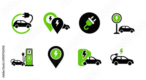 Electric vehicle charging station icons and symbols representing sustainable transportation and alternative energy