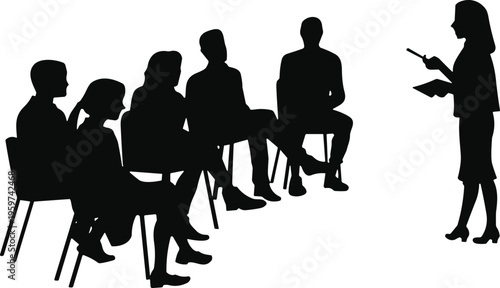 Business presentation silhouette, speaker addressing audience, corporate training seminar, team meeting communication, professional workshop vector illustration