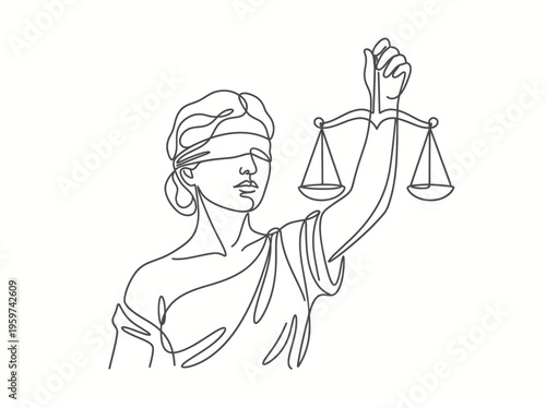 Single continuous line drawing of Lady Justice goddess holding scales of balance with blindfold, concept for legal firm branding, law office decor and judicial system marketing