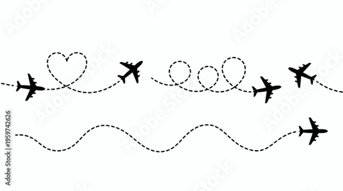 Black airplane silhouettes flying with dotted line paths forming heart and loop shapes on white background, concept for travel agency marketing, flight path tracking and airline vacation promotion