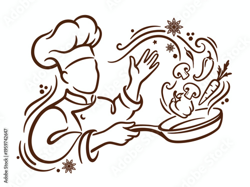 Professional executive chef line art tossing vegetables in a frying pan with aromatic spices and steam swirls, concept for restaurant menu branding, culinary school ads and healthy cooking