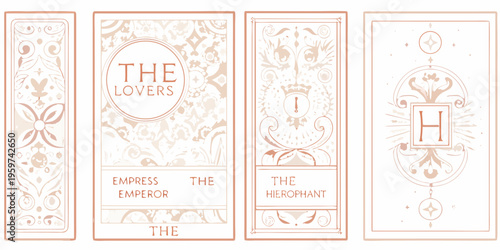Four ornate tarot cards with floral designs and text are displayed