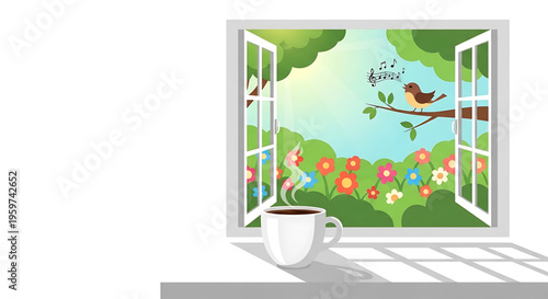 A serene vector illustration of a cup of coffee on a windowsill overlooking a vibrant garden with flowers and birds