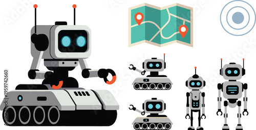 Cute robot set vector, futuristic AI characters with tank wheels map navigation and assistant bots collection