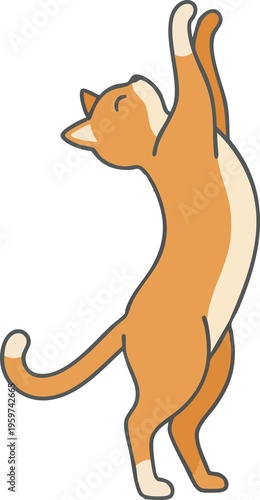 Minimalist flat illustration of an orange ginger cat stretching upwards, isolated on a white background.