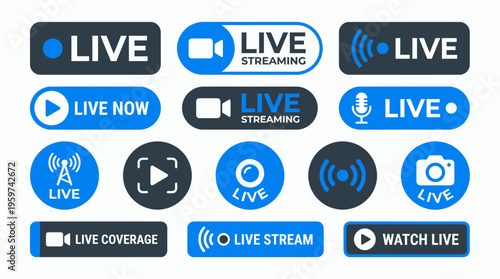 Collection of modern blue and black live streaming buttons and broadcast icons set on white background, concept for social media marketing, digital broadcasting and online webinar interface