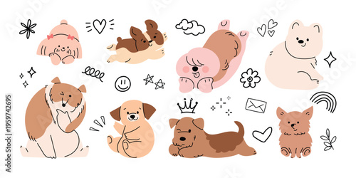 Set of playful dog with smiling, playing and relaxing. Set of flat doodle cartoon vector illustration.