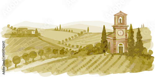 Watercolor painting of a tuscan landscape with a clock tower