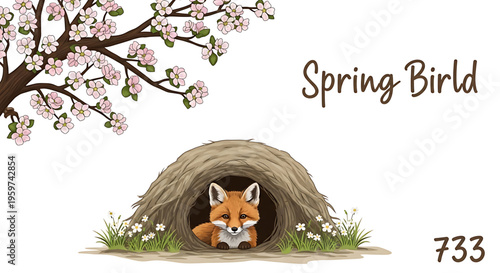 A cute cartoon fox peeking out of a hollow log under a blooming cherry blossom tree in spring