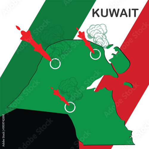 Kuwait Map War Concept: Missile Attack Icon with Smoke and Target Symbol on Black Background.