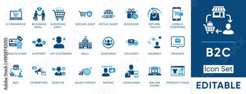 Professional vector icons of shopping cart, laptop, mobile phone, and building. Perfect for objects. Features editable strokes and pixel-perfect grid.