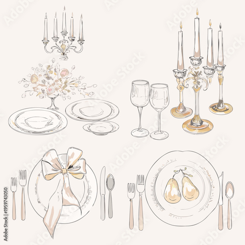 Fényképezés Elegant table setting with candles floral arrangement and dinnerware sketches